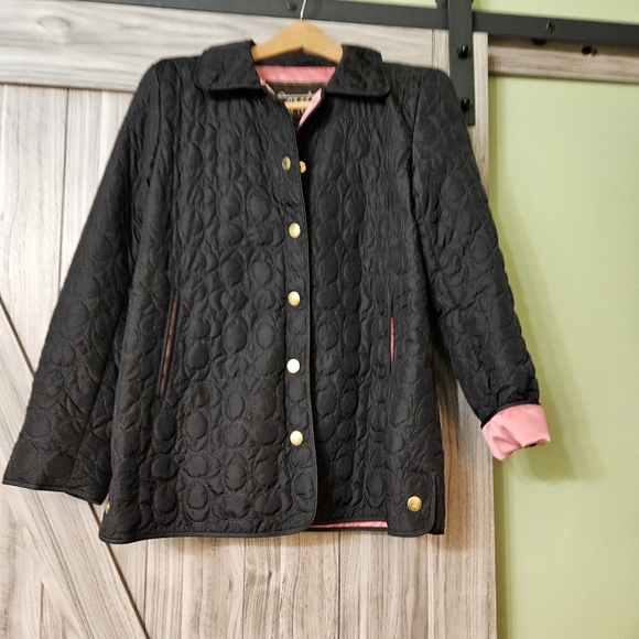 Coach Black Quilted Logo C Jacket Coat Button Front Pink Lining - Picture 6 of 12